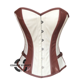 White Rice Leather And Brown PVC Steampunk Overbust Waist Cincher Corset