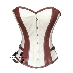 White Rice Leather And Brown PVC Steampunk Overbust Waist Cincher Corset