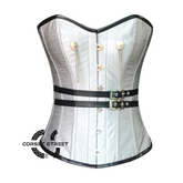 White Silver Silk Corset With Leather Belt Steampunk Overbust Waist Training Costume Gothic Mardi Gras Dress