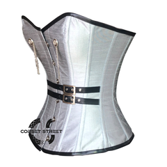 White Silver Silk Corset With Leather Belt Steampunk Overbust Waist Training Costume Gothic Mardi Gras Dress