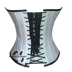 White Silver Silk Corset With Leather Belt Steampunk Overbust Waist Training Costume Gothic Mardi Gras Dress