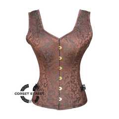 Brown Brocade Gothic Corset Shoulder Strap Overbust Bustier Top Women's Day Costume