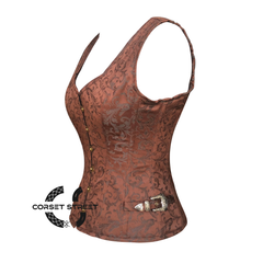 Brown Brocade Gothic Corset Shoulder Strap Overbust Bustier Top Women's Day Costume