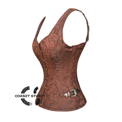 Brown Brocade Gothic Corset Shoulder Strap Overbust Bustier Top Women's Day Costume