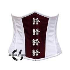 White And Burgundy With Front Silver Clasps Underbust Corset Gothic Costume Bustier Top