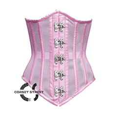 Pink Satin Mesh With Front Silver Clasps Long Underbust Corset Gothic Costume Bustier Top