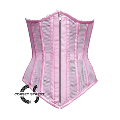 Pink Satin Mesh With Front Silver Zipper Long Underbust Corset Gothic Costume Bustier Top