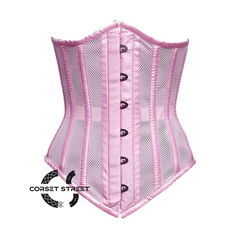 Pink Satin Mesh With Front Silver Busk Long Underbust Corset Gothic Costume Bustier Top