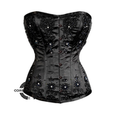 Black Satin With Sequins Work Gothic Burlesque Overbust Corset Top