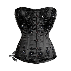 Black Satin With Sequins Work Gothic Burlesque Overbust Corset Top