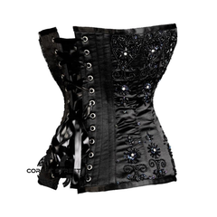Black Satin With Sequins Work Gothic Burlesque Overbust Corset Top