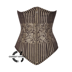 Brown and Golden Brocade With Antique Zipper Gothic Long Underbust Waist Training Bustier Corset