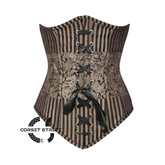 Brown and Golden Brocade With Front Lace Gothic Long Underbust Waist Training Bustier Corset