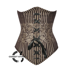Brown and Golden Brocade With Front Lace Gothic Long Underbust Waist Training Bustier Corset