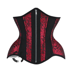Red and Black Brocade Black Cotton With Front Silver Zipper Gothic Underbust Waist Training Bustier Corset