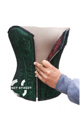 Green Red Reversible Brocade Front Zipper Waist Cincher Women Overbust Plus Size Corset Top