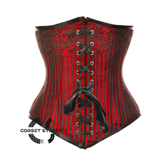 Red Brocade Double Boned Black Ribbon Design Long Underbust Steampunk Corset