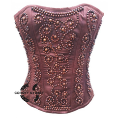 Burgundy Satin Wooden Handmade Sequins Waist Cincher Women Overbust Corset Top