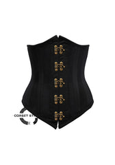 Black Cotton Mesh Double Boned Front Antique Clasps Long Underbust Steampunk Corset