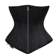 Black Satin Double Boned Front Zipper Longline Underbust Steampunk Corset