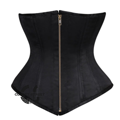 Plus Size Black Satin Double Boned Front Antique Zipper Longline Underbust Steampunk Corset