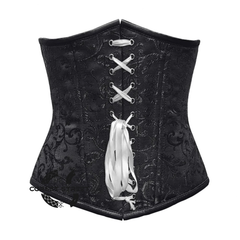 Plus Size Black Brocade Front White Ribbon Double Boned Underbust Gothic Corset