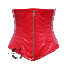 Red PVC Leather Front V Shape Antique Zipper Underbust Steampunk Corset