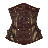 Brown and Golden Brocade With Brown Faux Leather Steampunk Heavy Duty Underbust Corset
