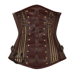 Brown and Golden Brocade With Brown Faux Leather Steampunk Heavy Duty Underbust Corset