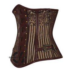 Brown and Golden Brocade With Brown Faux Leather Steampunk Heavy Duty Underbust Corset