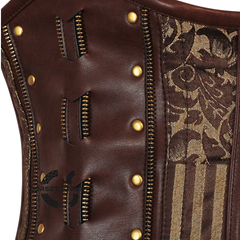 Brown and Golden Brocade With Brown Faux Leather Steampunk Heavy Duty Underbust Corset