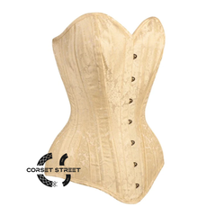 Ivory Brocade With Front Silver Busk Gothic Longline Overbust Waist Training Corset