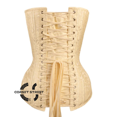 Ivory Brocade With Front Silver Busk Gothic Longline Overbust Waist Training Corset
