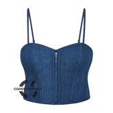 Blue Denim With Shoulder Straps Zipper Steampunk Gothic Crop Underbust Waist Training Corset