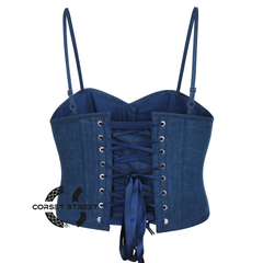 Blue Denim With Shoulder Straps Zipper Steampunk Gothic Crop Underbust Waist Training Corset