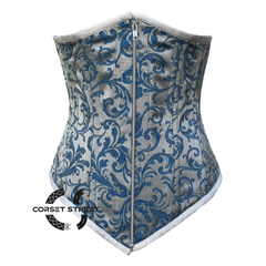 Baby Blue Brocade With Front Silver Zipper Gothic Long Underbust Waist Training Double Bone Corset