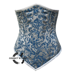 Baby Blue Brocade With Front Close Gothic Long Underbust Waist Training Double Bone Corset