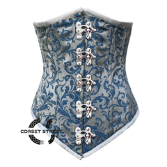 Baby Blue Brocade With Front Silver Clasps Gothic Long Underbust Waist Training Double Bone Corset