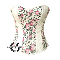White PVC Floral Printed Soft Leather Gothic Overbust Steampunk Corset Top