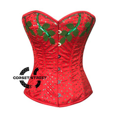 Red Satin Thread Sequins Work Burlesque Gothic Corset Top Valentine Costume Dress