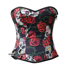 Printed Flower And Skull Cotton Gothic Corset Overbust Costume