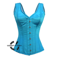 Baby Blue Satin With Front Silver Busk Gothic Overbust Burlesque Corset Waist Training Top