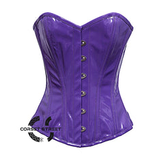Purple PVC Leather With Front Silver Busk Gothic Overbust Burlesque Corset Waist Training Top
