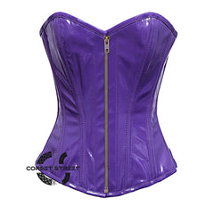 Purple PVC Leather With Antique Zipper Gothic Overbust Burlesque Corset Waist Training Top
