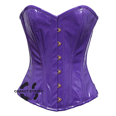 Purple PVC Leather With Front Antique Busk Gothic Overbust Burlesque Corset Waist Training Top