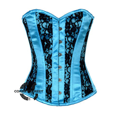 Baby Blue Satin With Black Net Gothic Overbust Burlesque Corset