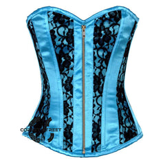 Baby Blue Satin With Black Net Front Antique Zipper Gothic Overbust Burlesque Corset