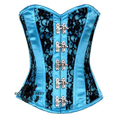 Turquoise Satin With Black Net Gothic Overbust Burlesque Corset