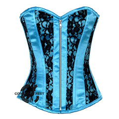 Baby Blue Satin With Black Net Front Zipper Gothic Overbust Burlesque Corset