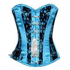Baby Blue Satin With Black Net Front Ribbon Gothic Overbust Burlesque Corset